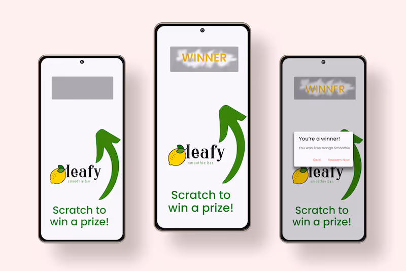 3 phones against a pink background with an example of the Stamp Me scratch & win interface. 